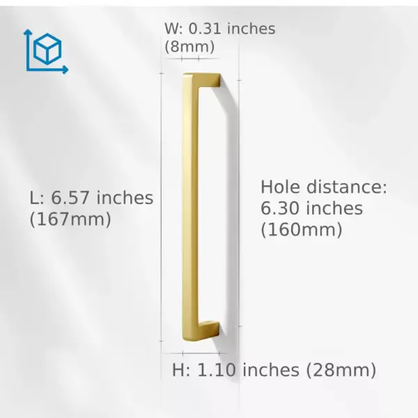 Solid Brass Square Bar Cabinet Pull Handles 160mm